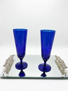 Set of 2 Cobalt Blue Glass Champagne Flutes